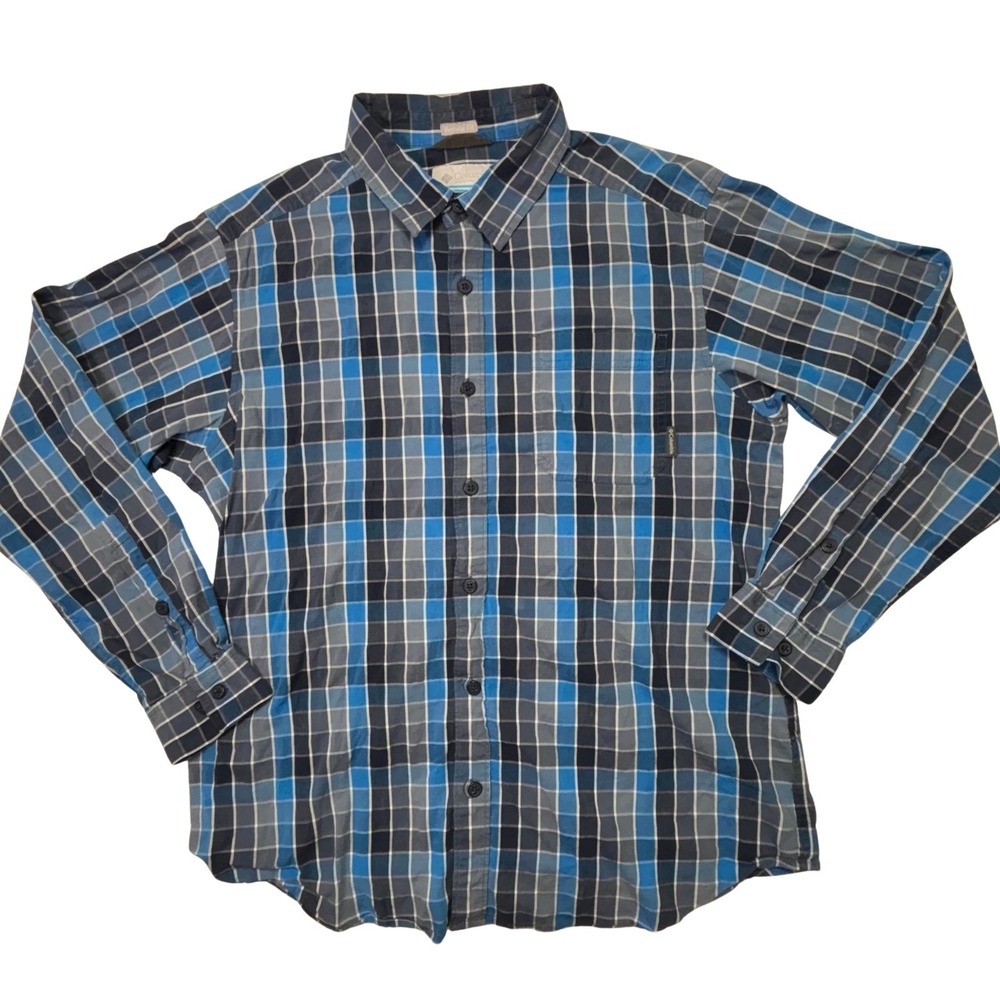 Columbia Mens Plaid Button Up Shirt Long Sleeve Blue Gray Outdoor Hiking Largeโ